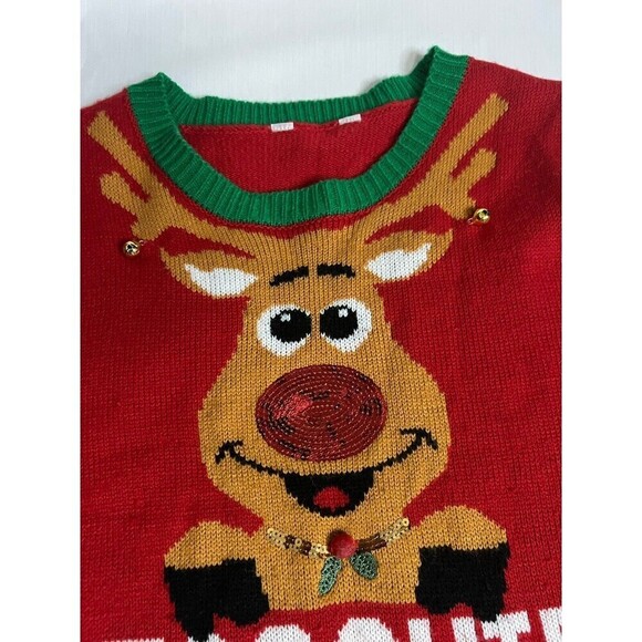 Christmas Sweater Junior Size Medium TOO CUTE TO BE NAUGHTY Reindeer With Bells - Picture 5 of 8